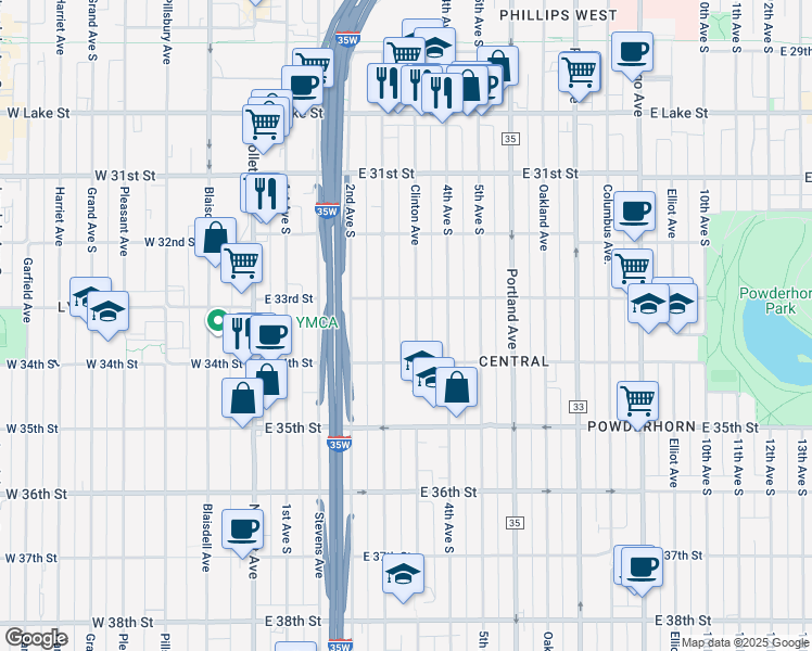 map of restaurants, bars, coffee shops, grocery stores, and more near 3301 Clinton Avenue in Minneapolis