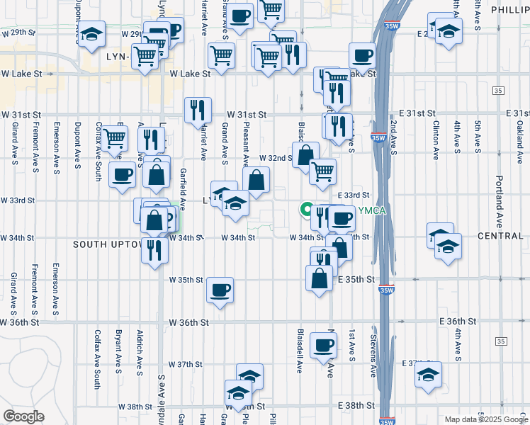 map of restaurants, bars, coffee shops, grocery stores, and more near 210 West 33rd Street in Minneapolis