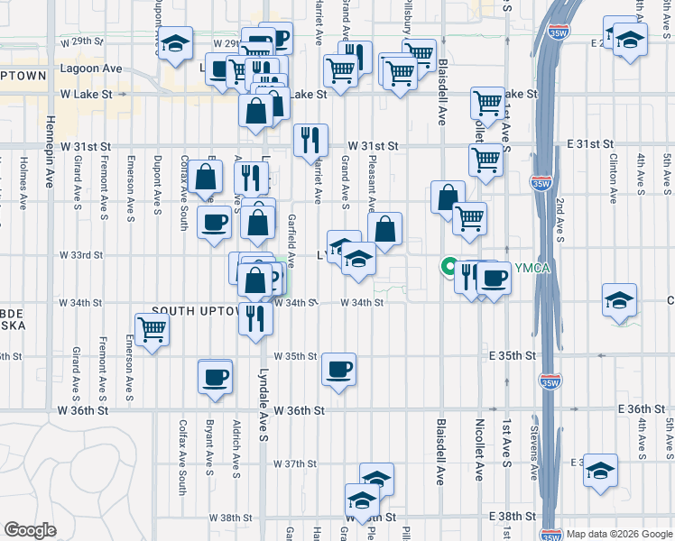 map of restaurants, bars, coffee shops, grocery stores, and more near in Minneapolis