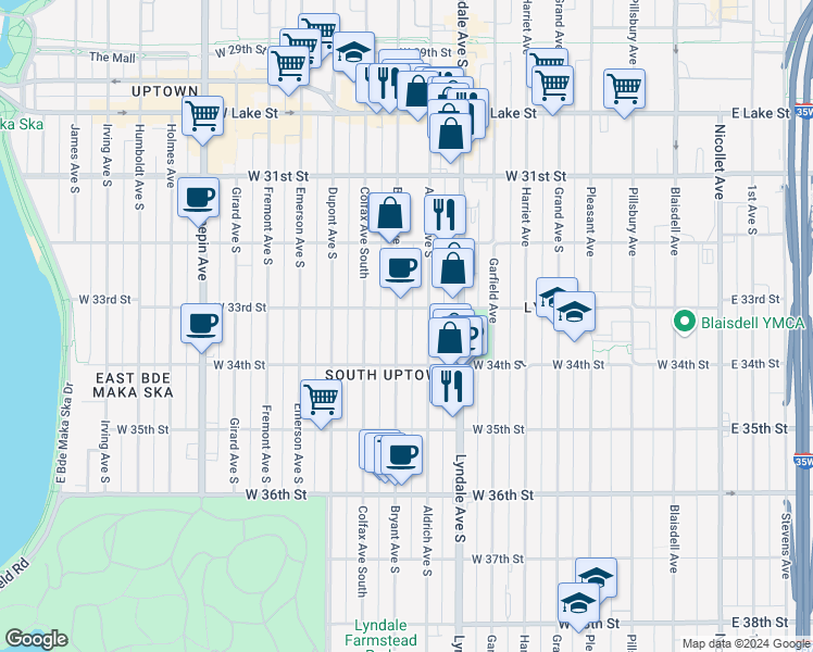 map of restaurants, bars, coffee shops, grocery stores, and more near 3252 Bryant Avenue South in Minneapolis