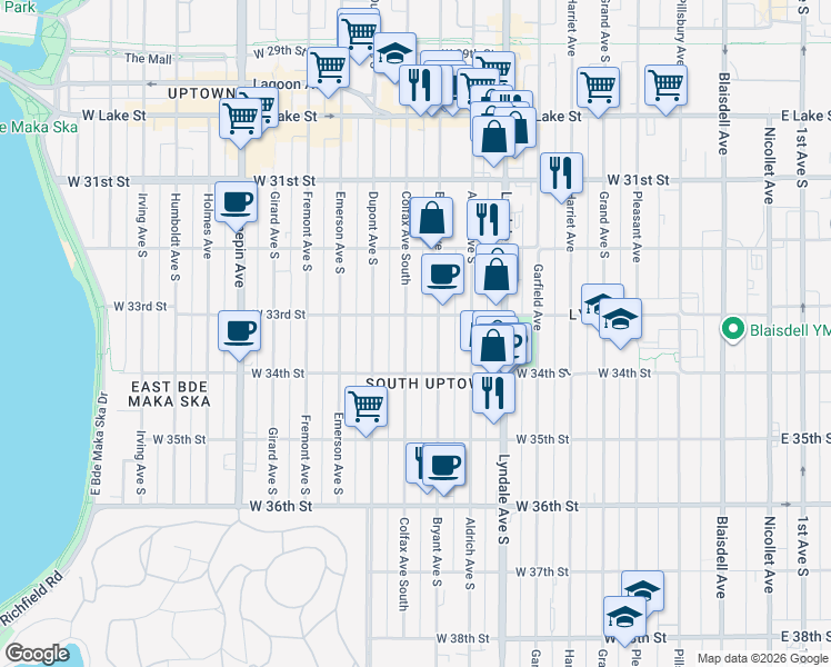 map of restaurants, bars, coffee shops, grocery stores, and more near 3252 Bryant Avenue South in Minneapolis