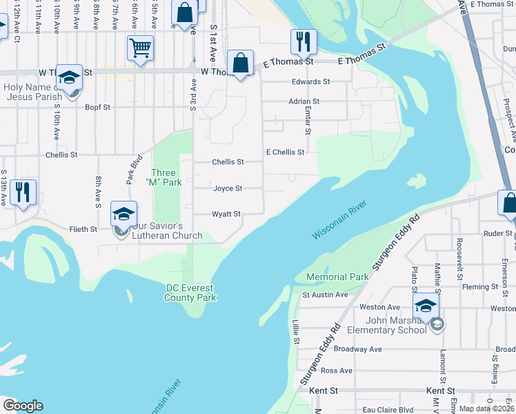 map of restaurants, bars, coffee shops, grocery stores, and more near 1602 Cleveland Avenue in Wausau