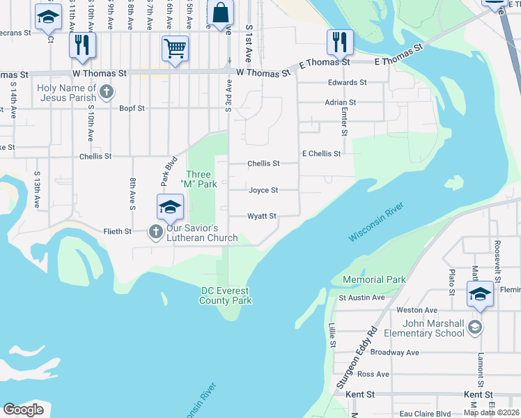 map of restaurants, bars, coffee shops, grocery stores, and more near 235 Joyce Street in Wausau