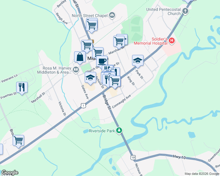 map of restaurants, bars, coffee shops, grocery stores, and more near 300 Main Street in Middleton