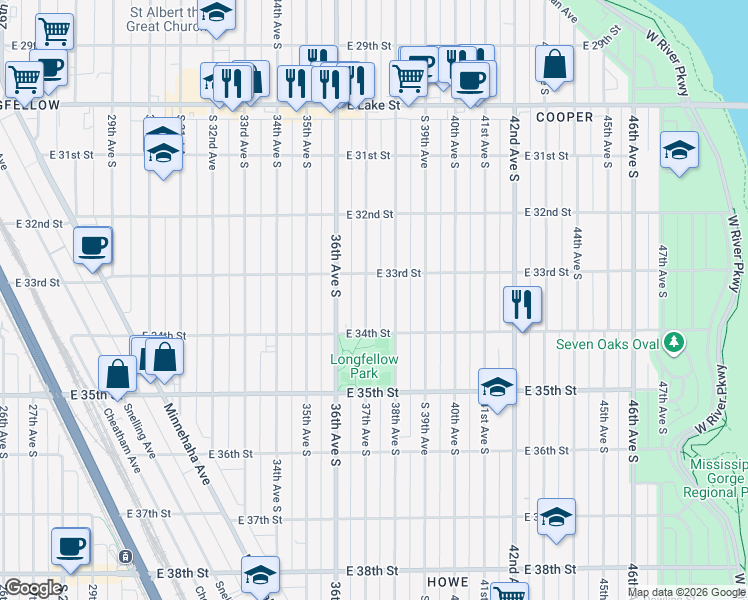 map of restaurants, bars, coffee shops, grocery stores, and more near 3307 37th Avenue South in Minneapolis