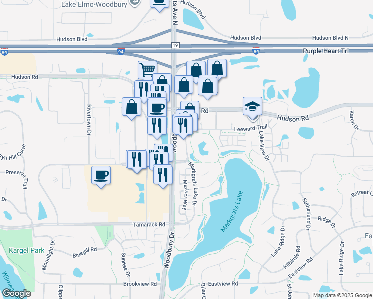map of restaurants, bars, coffee shops, grocery stores, and more near City Walk Drive in Woodbury