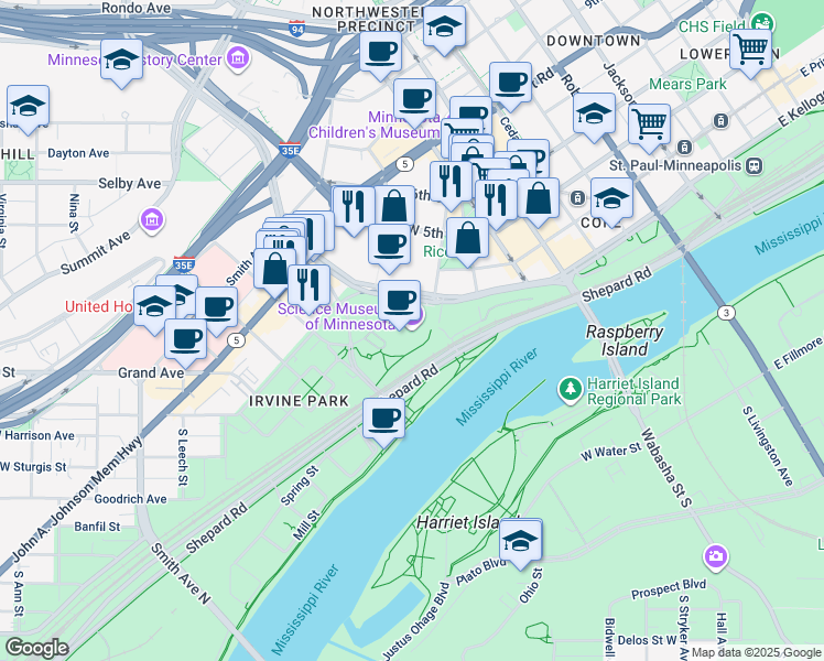 map of restaurants, bars, coffee shops, grocery stores, and more near 120 West Kellogg Boulevard in Saint Paul