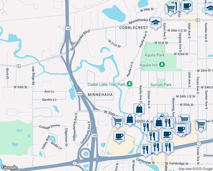 map of restaurants, bars, coffee shops, grocery stores, and more near 9000 West 34th Street in Minneapolis