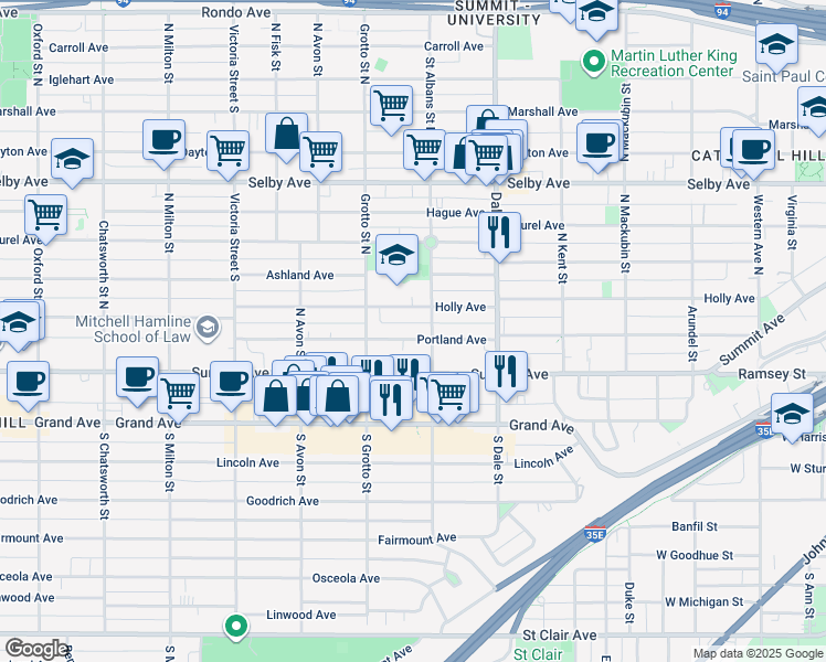 map of restaurants, bars, coffee shops, grocery stores, and more near 682 Holly Avenue in Saint Paul