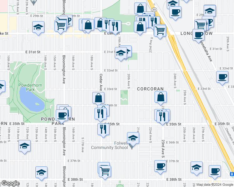 map of restaurants, bars, coffee shops, grocery stores, and more near 3245 19th Avenue South in Minneapolis