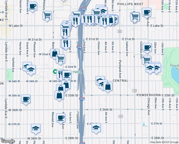 map of restaurants, bars, coffee shops, grocery stores, and more near 3300 3rd Avenue South in Minneapolis