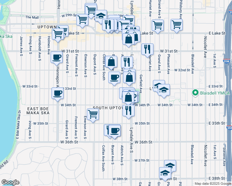 map of restaurants, bars, coffee shops, grocery stores, and more near 3252 Bryant Avenue South in Minneapolis