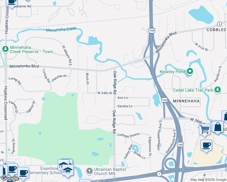 map of restaurants, bars, coffee shops, grocery stores, and more near 3337 Delta Avenue in Minnetonka