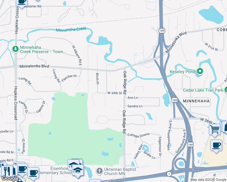 map of restaurants, bars, coffee shops, grocery stores, and more near 3329 Chippewa Road in Hopkins