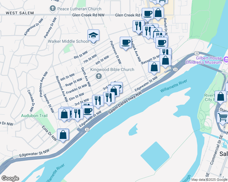 map of restaurants, bars, coffee shops, grocery stores, and more near 226 McNary Avenue Northwest in Salem