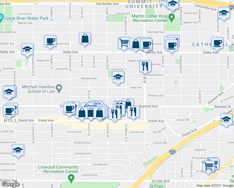 map of restaurants, bars, coffee shops, grocery stores, and more near 722 Holly Avenue in Saint Paul