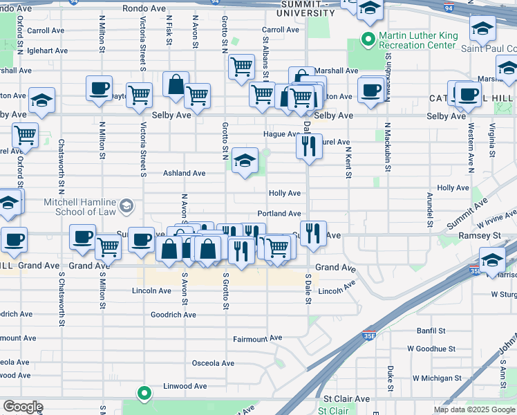 map of restaurants, bars, coffee shops, grocery stores, and more near 691 Portland Avenue in Saint Paul