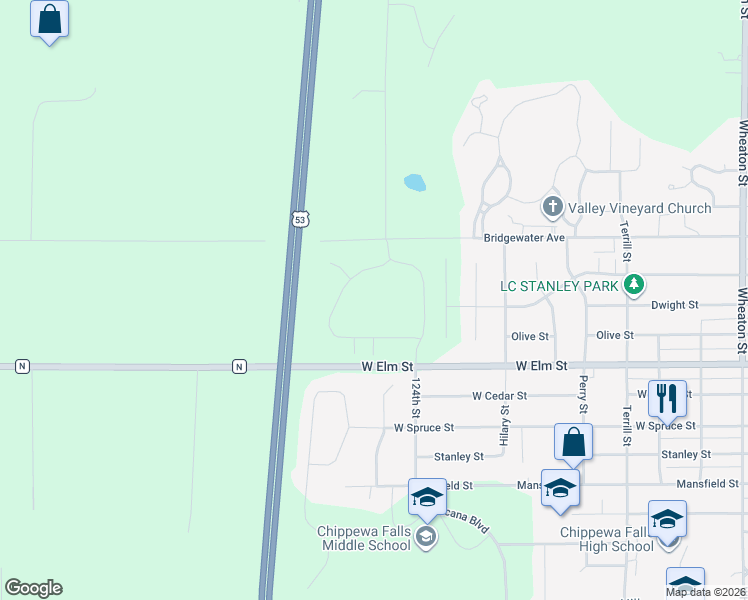 map of restaurants, bars, coffee shops, grocery stores, and more near 1398 Drake Drive in Chippewa Falls