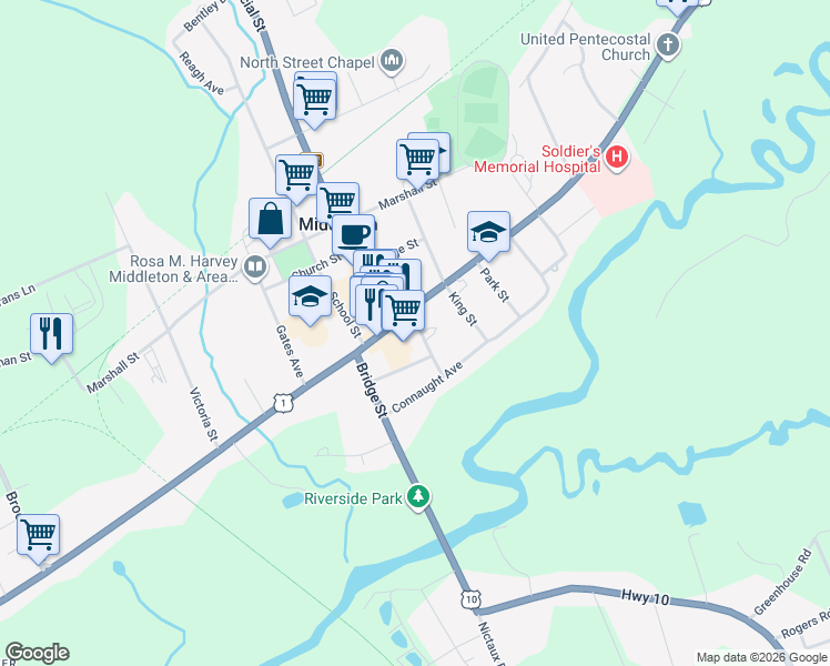 map of restaurants, bars, coffee shops, grocery stores, and more near 366 Main Street in Middleton