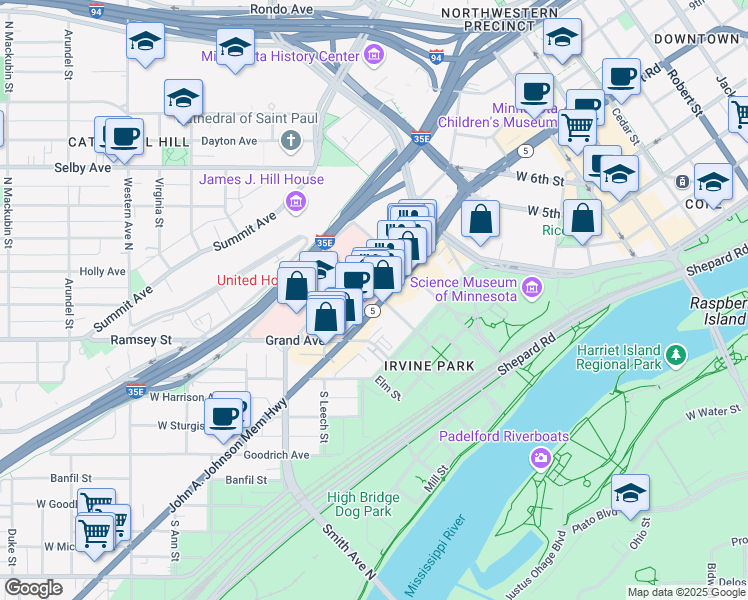 map of restaurants, bars, coffee shops, grocery stores, and more near 261 7th Street West in Saint Paul