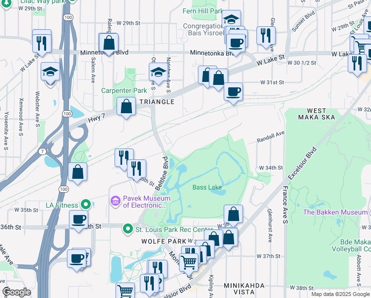 map of restaurants, bars, coffee shops, grocery stores, and more near 4501 Park Glen Road in St. Louis Park