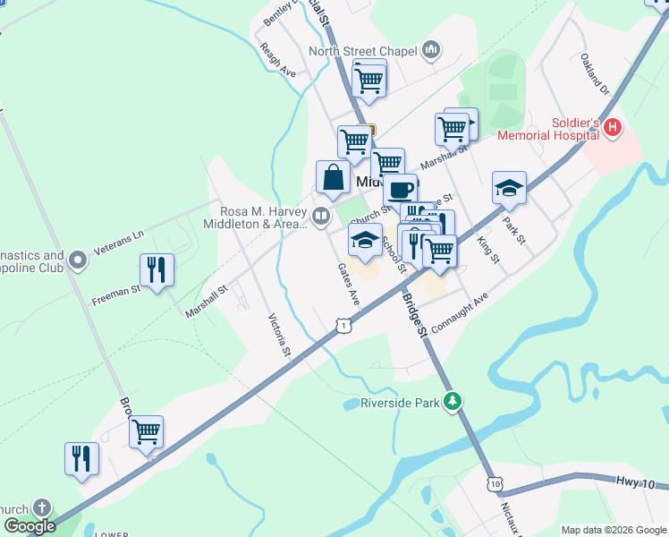 map of restaurants, bars, coffee shops, grocery stores, and more near 25 Gates Avenue in Middleton
