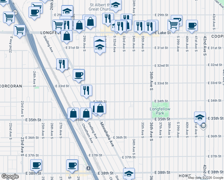 map of restaurants, bars, coffee shops, grocery stores, and more near 3117 East 33rd Street in Minneapolis