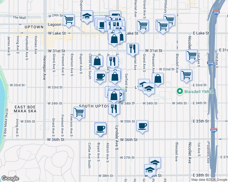 map of restaurants, bars, coffee shops, grocery stores, and more near 3255 Lyndale Avenue South in Minneapolis