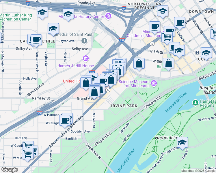 map of restaurants, bars, coffee shops, grocery stores, and more near 261 7th Street West in Saint Paul
