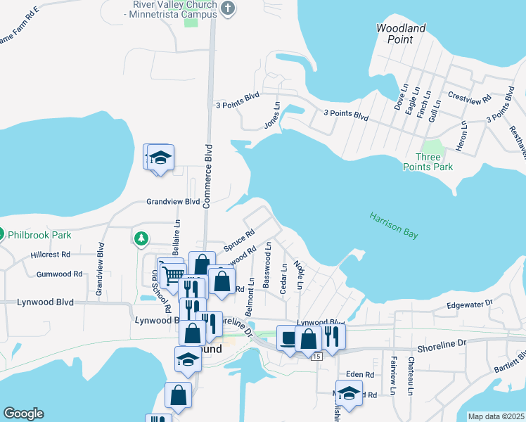 map of restaurants, bars, coffee shops, grocery stores, and more near 2050 Waterside Lane in Mound