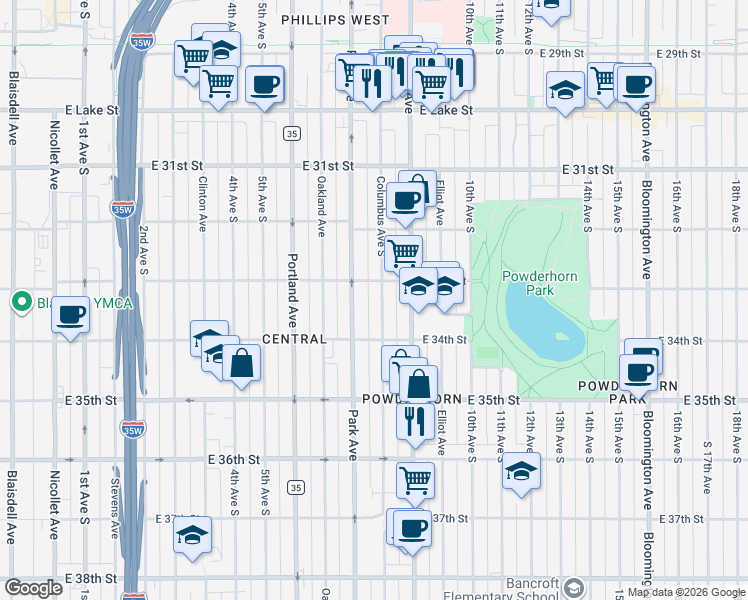 map of restaurants, bars, coffee shops, grocery stores, and more near 3300 Columbus Avenue in Minneapolis