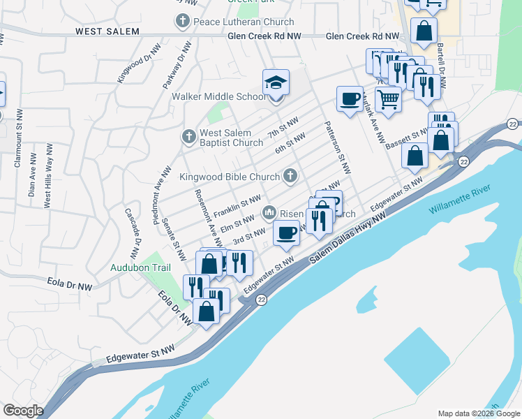 map of restaurants, bars, coffee shops, grocery stores, and more near 1231 Elm Street Northwest in Salem