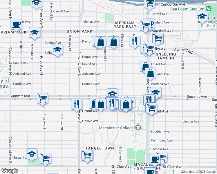map of restaurants, bars, coffee shops, grocery stores, and more near 1709 Portland Avenue in Saint Paul