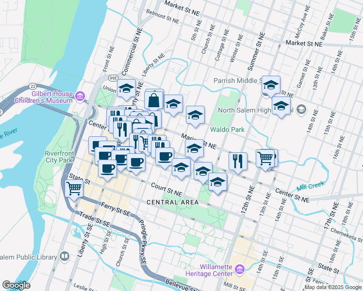 map of restaurants, bars, coffee shops, grocery stores, and more near 700 Marion Street Northeast in Salem