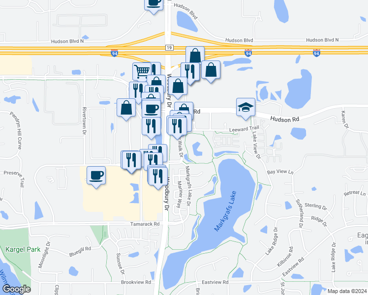 map of restaurants, bars, coffee shops, grocery stores, and more near 10060 City Walk Drive in Woodbury