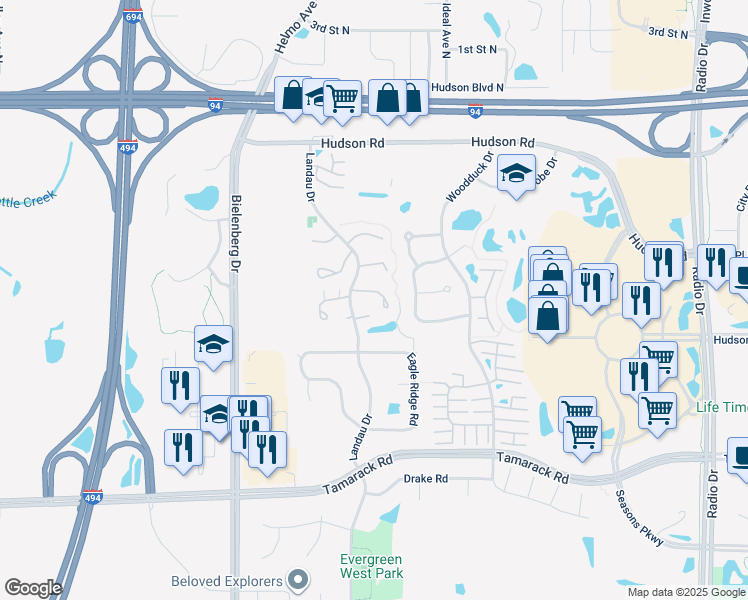 map of restaurants, bars, coffee shops, grocery stores, and more near 303 Elan Court in Woodbury