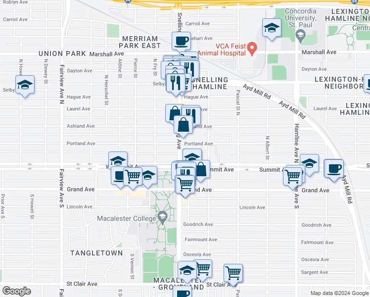 map of restaurants, bars, coffee shops, grocery stores, and more near 56 Snelling Avenue in Saint Paul