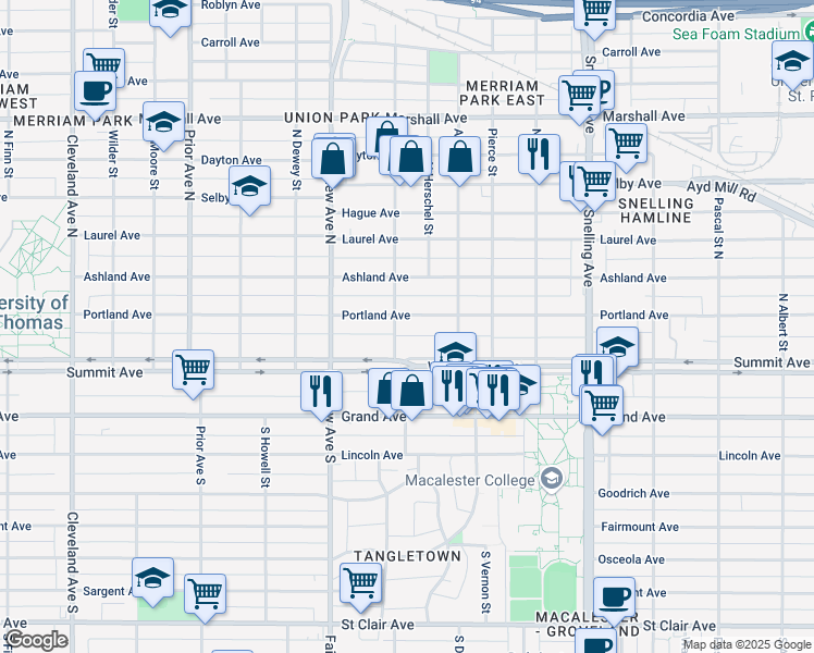 map of restaurants, bars, coffee shops, grocery stores, and more near 1741 Portland Avenue in Saint Paul