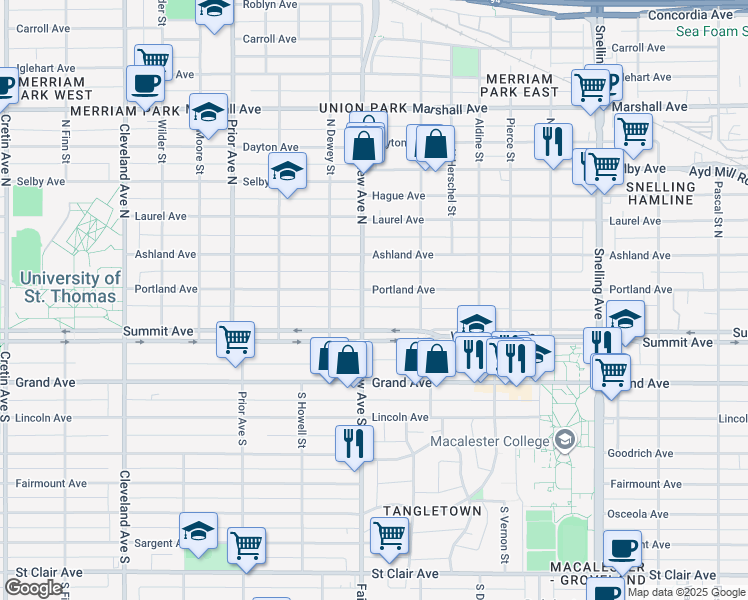 map of restaurants, bars, coffee shops, grocery stores, and more near 1815 Portland Avenue in Saint Paul