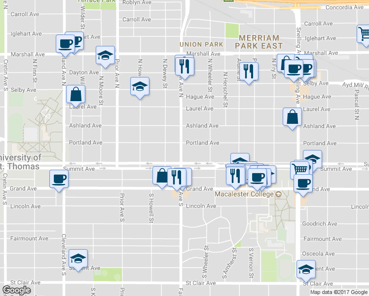 map of restaurants, bars, coffee shops, grocery stores, and more near 1815 Portland Avenue in Saint Paul