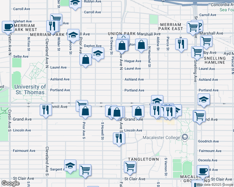 map of restaurants, bars, coffee shops, grocery stores, and more near 1849 Portland Avenue in Saint Paul