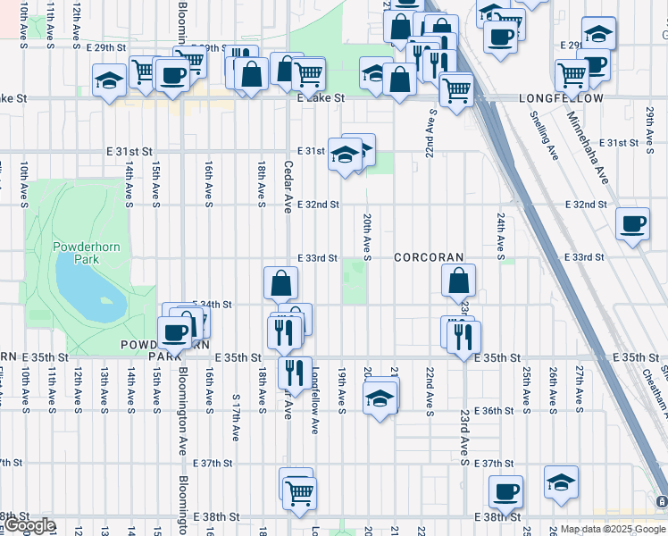 map of restaurants, bars, coffee shops, grocery stores, and more near 3245 19th Avenue South in Minneapolis