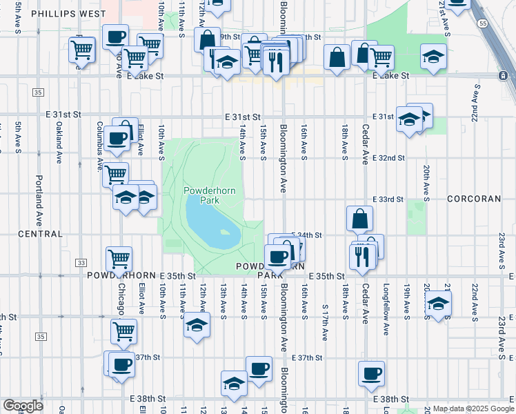 map of restaurants, bars, coffee shops, grocery stores, and more near 3255 South 15th Avenue in Minneapolis