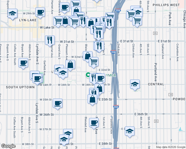 map of restaurants, bars, coffee shops, grocery stores, and more near 20 West 33rd Street in Minneapolis