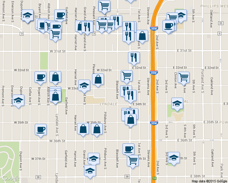 map of restaurants, bars, coffee shops, grocery stores, and more near 119 West 33rd Street in Minneapolis