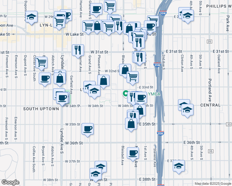map of restaurants, bars, coffee shops, grocery stores, and more near 119 West 33rd Street in Minneapolis