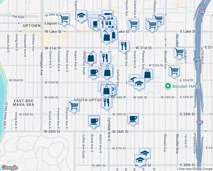 map of restaurants, bars, coffee shops, grocery stores, and more near 3255 Lyndale Avenue South in Minneapolis