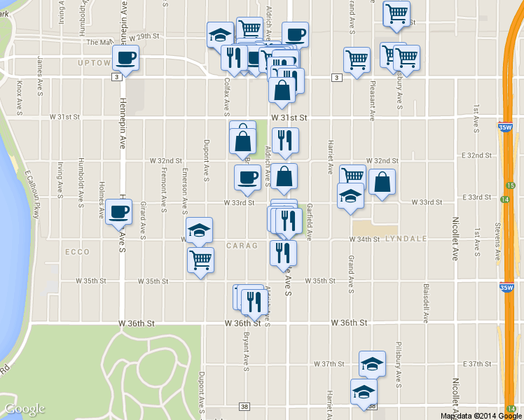 map of restaurants, bars, coffee shops, grocery stores, and more near 3253 Aldrich Avenue South in Minneapolis