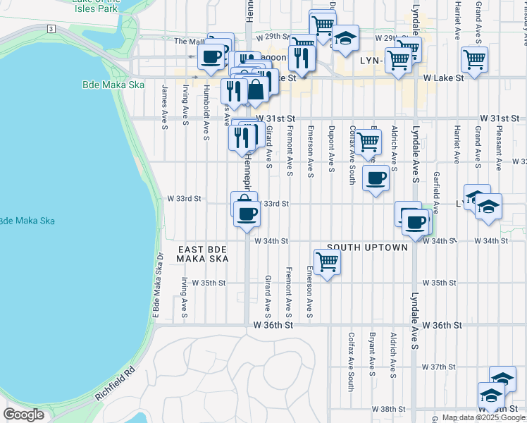 map of restaurants, bars, coffee shops, grocery stores, and more near 3253 Girard Avenue South in Minneapolis