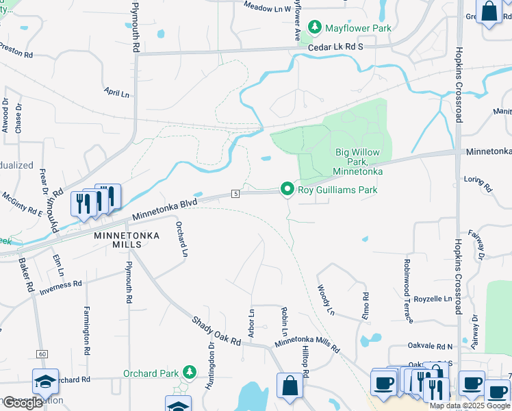 map of restaurants, bars, coffee shops, grocery stores, and more near 12201 Minnetonka Boulevard in Minnetonka